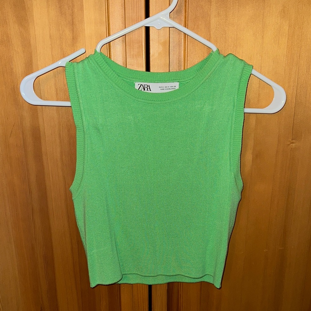 ZARA Bright Green Ribbed Cropped Tank Top